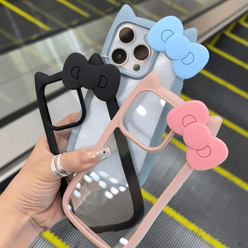 Cute Bowknot Silicone Cat Ear Case For iPhone 16 Plus 15 14ProMax 13 12 11 Transparent Shockproof Hard Acrylic Bumper Back Cover