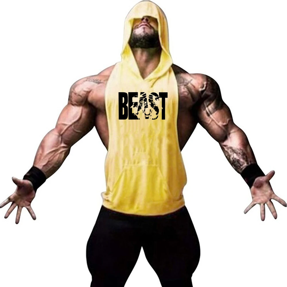 Men's summer fashion trend letter print weightlifting training fitness gym exercise hoodie casual and comfortable hooded vest