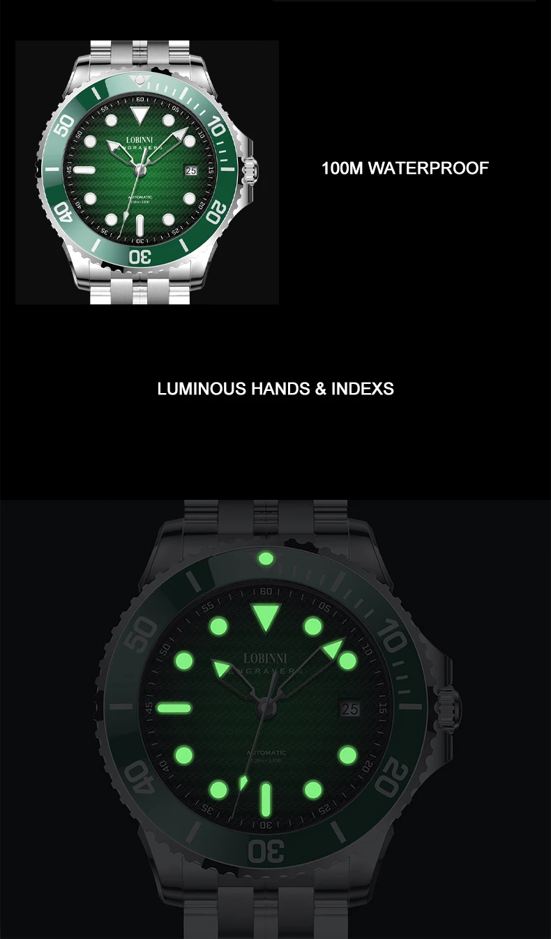 Lobinni ผู้ชายนาฬิกาอัตโนมัติ 41.5 มม.นาฬิกาข้อมือ 100 M กันน้ํา Sapphire Mirror เซรามิค BEZEL Miyota 8215