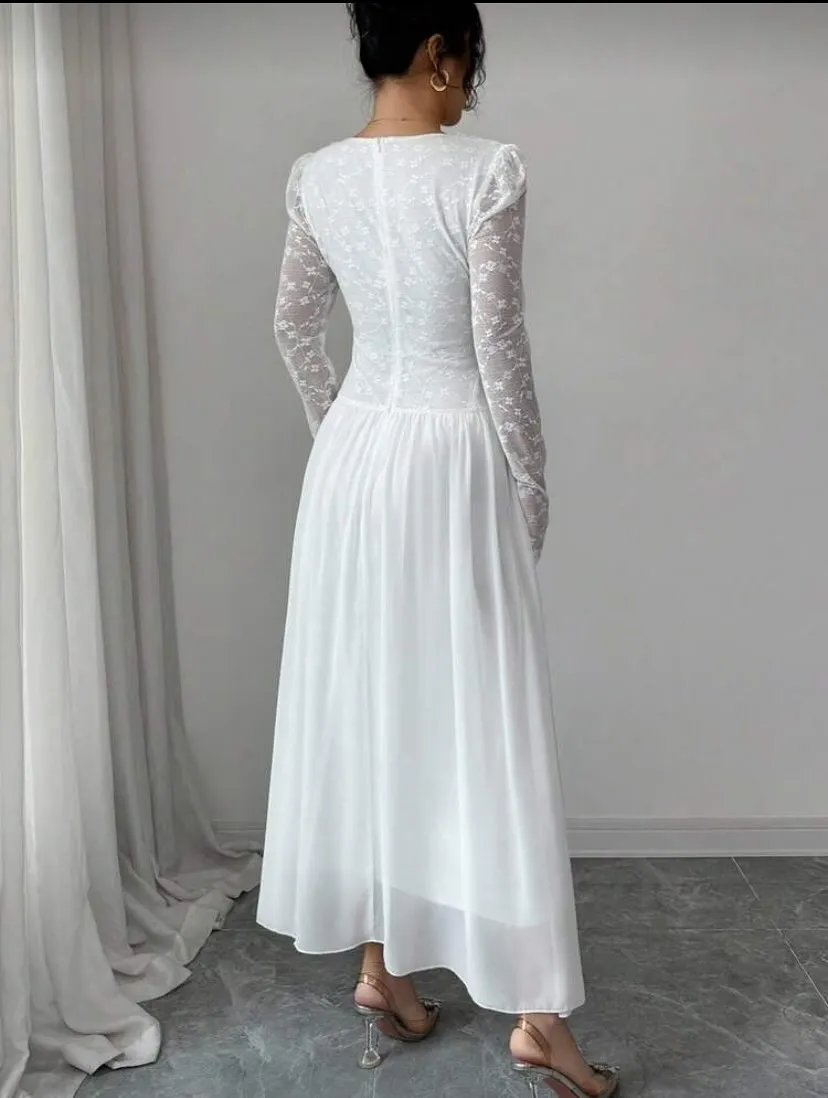 Robes de bal en dentelle blanche exquise pour femmes, col carré, manches longues, en mousseline de soie, ligne A, longueur cheville, robe de soirée personnalisée