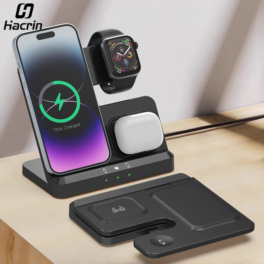 Wireless Charger 3 in 1 Wireless Charging Stand Foldable Fast Charging Station for iPhone 15 14 13 12 Apple Watch 9 8 7 6 5