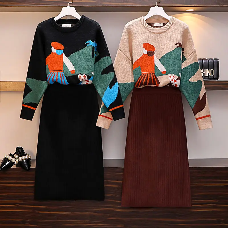 

Autumn Winter Cartoon Retro Sweater Knit Midi Skirts 1 or Two Piece Set Lady Casual Loose Knitted Top Skirt Suit Knitwear Outfit