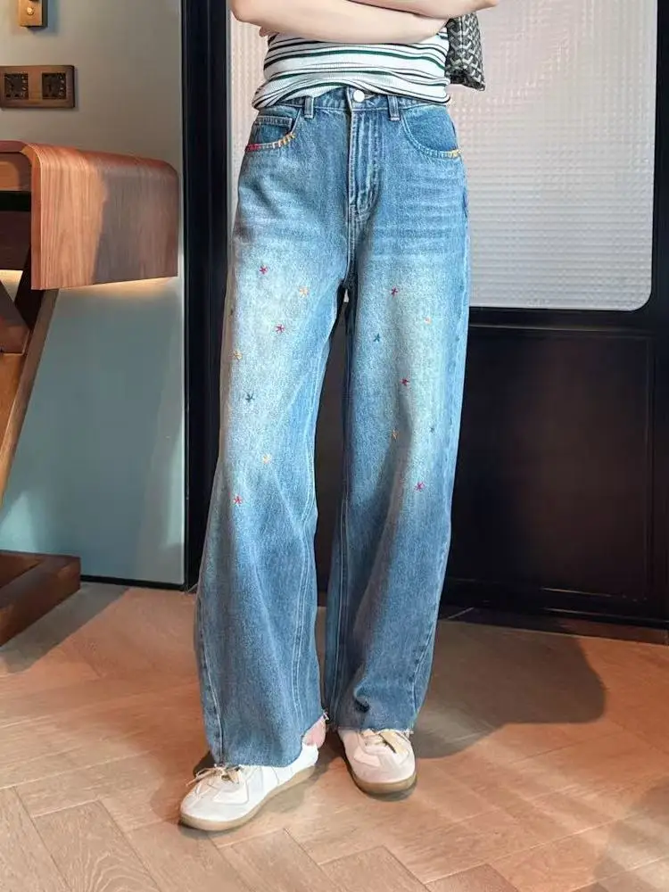 

Джинсы женские прямого кроя с вышивкой в виде звезд, ручной работы, с широкими штанинами, с эффектом потертости, винтажные, новинка весна 2026, без стрейча, натуральные.