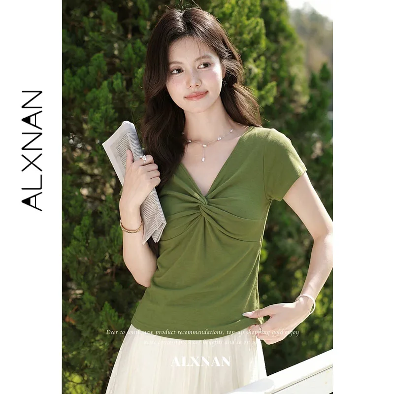 ALXNAN Green T-shirt Women's Summer New V-neck Slim Fit Short Sleeve Tops with Twist Knot Detail Fashion Elegant Tees L66739A