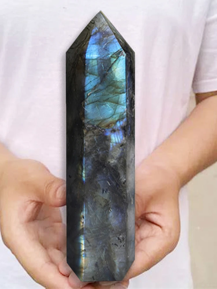 Natural Labradorite Crystal Obelisk Tower Point 6 Faceted Large Wand 8-17cm Aurora Flash Iridescent Labradorescence Hand Polished Dreamlike High Figurine Home Decor Desk Ornament Office Decor Room Decor Bedroom Decor Table Centerpiece Collectible Specimen view 2