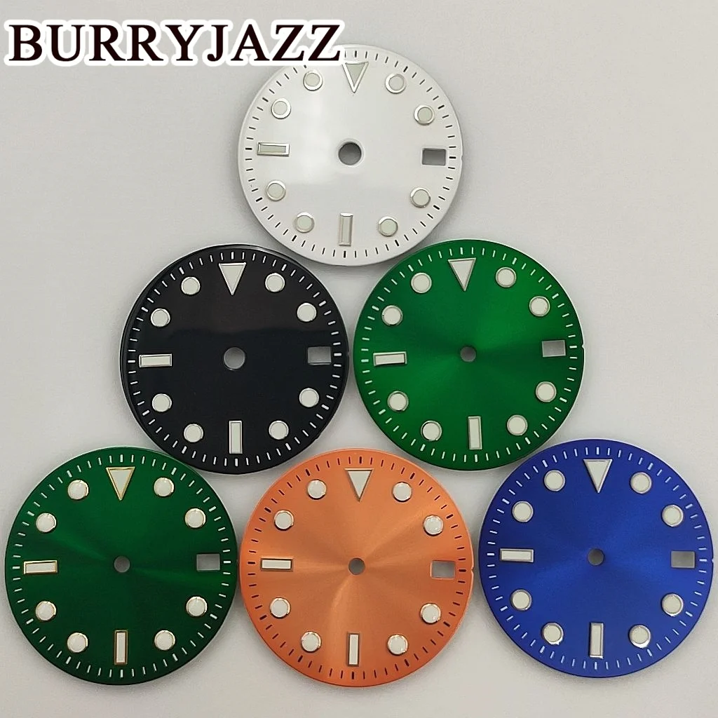 BURRYJAZZ 28.5mmNo Logo NH35 Watch Dials Black Blue Silver Green Orange Dial Green Luminous Fit 3 O\'clock 3.8 O\'clock Case Crown