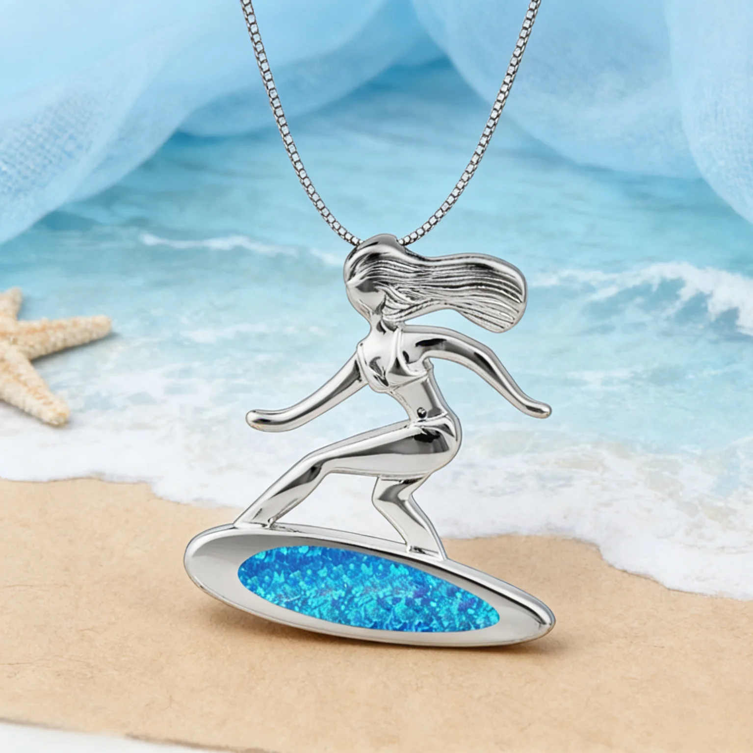 قلادة سيرفر للنساء، قلادة فضية ديناميكية مع أوبال صناعية زرقاء، هدية مجوهرات ركوب الأمواج بسيطة لمحبي الشاطئ