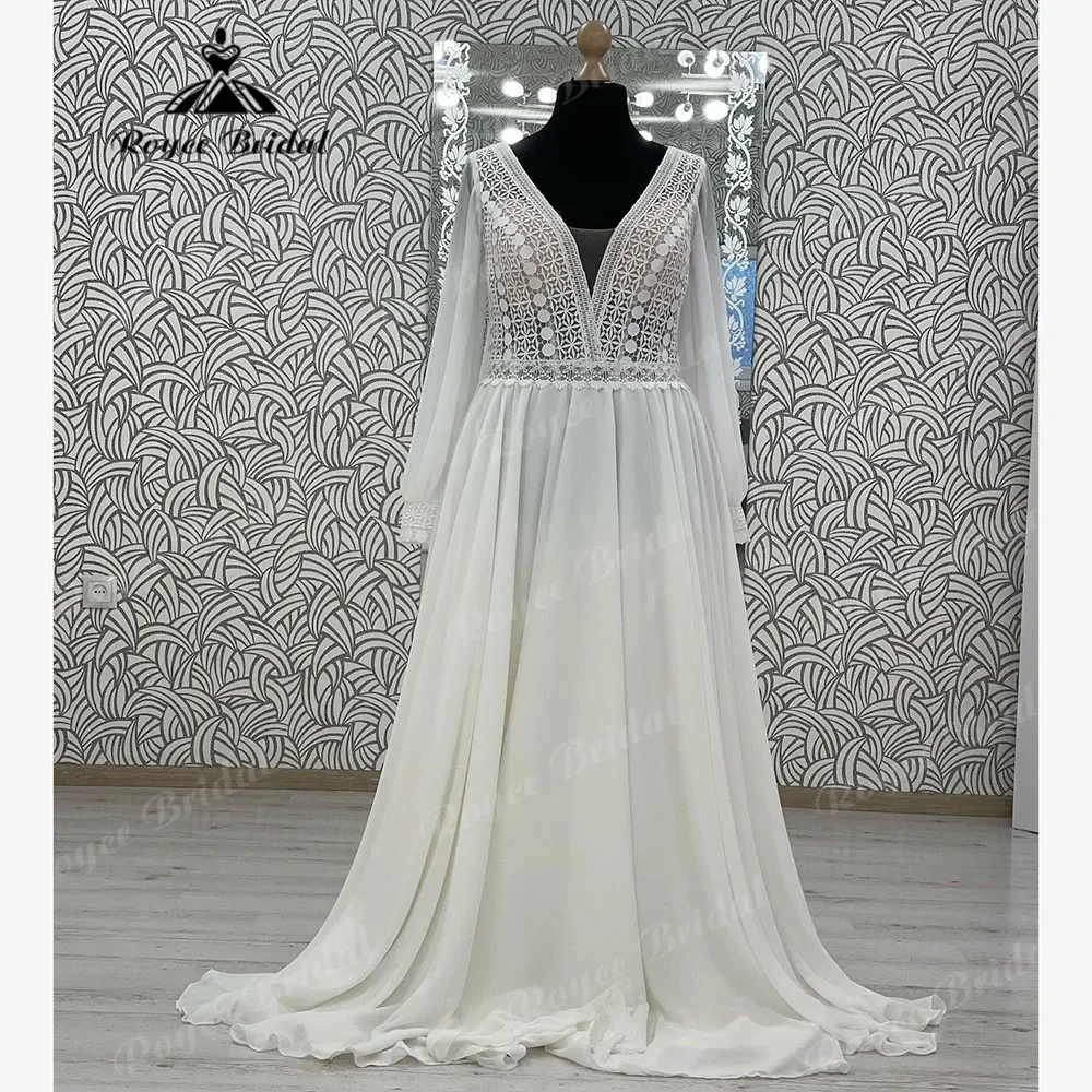 Modest V Neck Long Sleeve Lace Chiffon Boho Wedding Dress for Women 2025 Bridal Gown Lace Up Back vestidos de novia bohemio