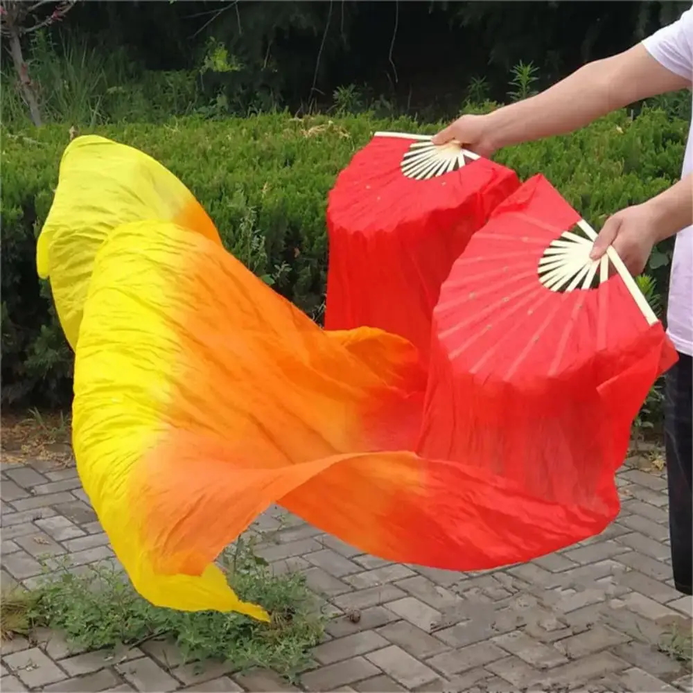 120/150/180cm Kid Women Belly Dancing Fan Right&Left Hands Tricolor Gradient Practice Long Imitation Silk Fans Yellow&Orange&Red