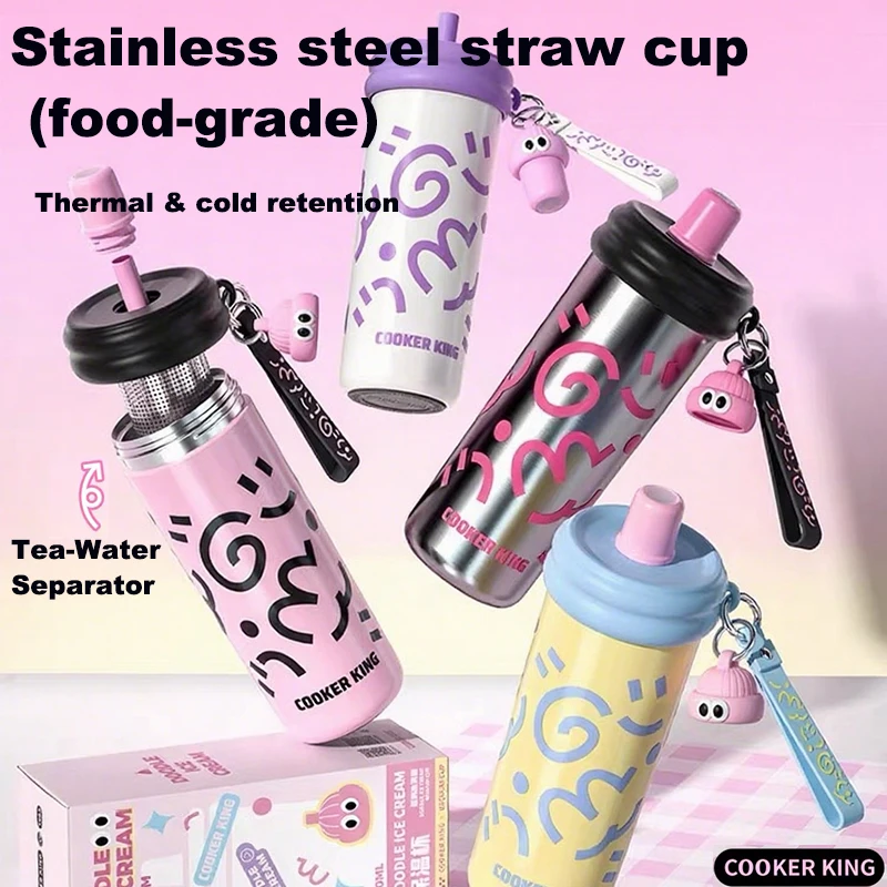 

COOKER KING 600ML Stainless Steel Straw Cup, 2025 Trendy Insulated Water Bottle for Women Girls, Kids Travel Thermos with Carry