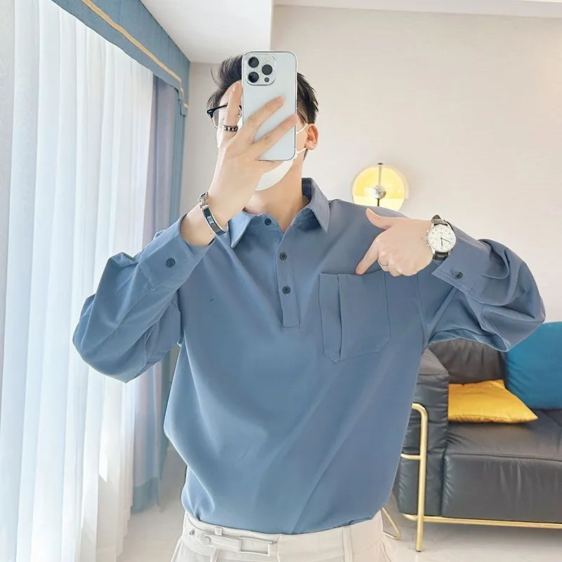 

Мужская повседневная рубашка оверсайз с длинным рукавом, свободного кроя, однотонная, на пуговицах, для осени и весны