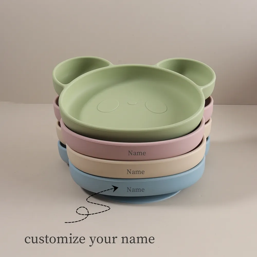 Customize Name Baby Silicone Cute Panda Bear Shaped Feeding Plate Divide Personalized Suction Plate