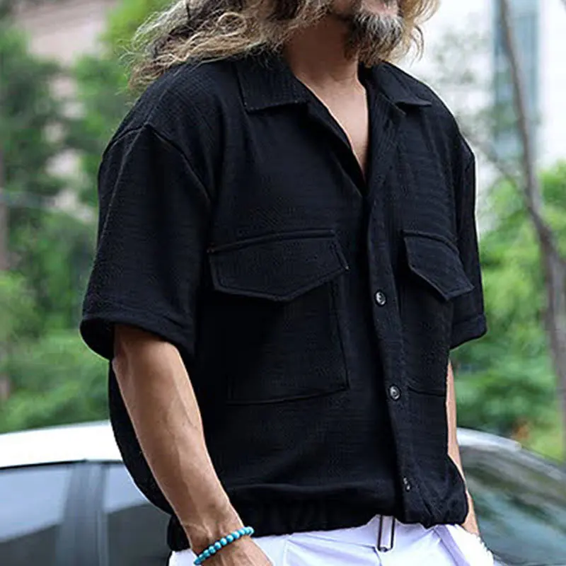 Camisas de manga curta masculina, blusa solta casual masculina, de peito único, gola virada para baixo, tops de malha, respirável, verão, 2022