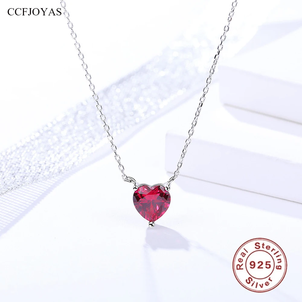 

CCFJOYAS 100% 925 Sterling Silver Rose Red Heart Pendant Necklace for Girl Japanese Korean Simple INS Zircon Clavicle Chain