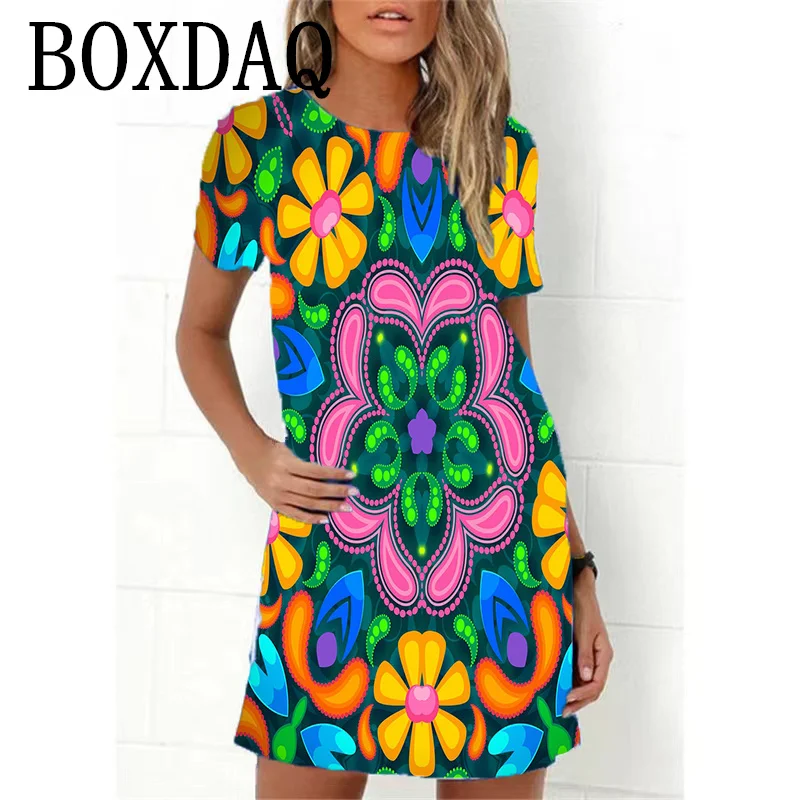 2023 nowe letnie sukienki damskie Retro Hippie 60s Vintage Flower Power luźna sukienka z linii Casual ponadgabarytowe damskie 3D Print Mini sukienka