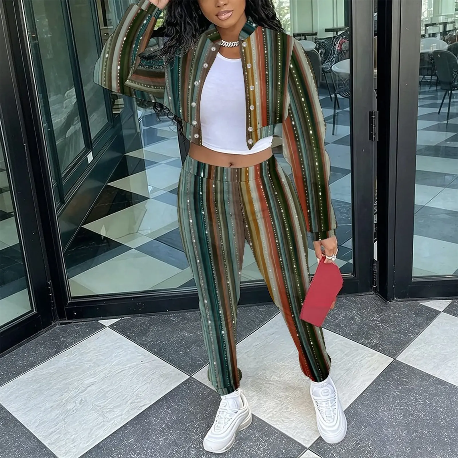 Ladies Casual 2 Piece Set Retro Slim Cropped Long Sleeve Jacket Fashion Elegant Sweatpants Everyday Commuting Vacation Outfit