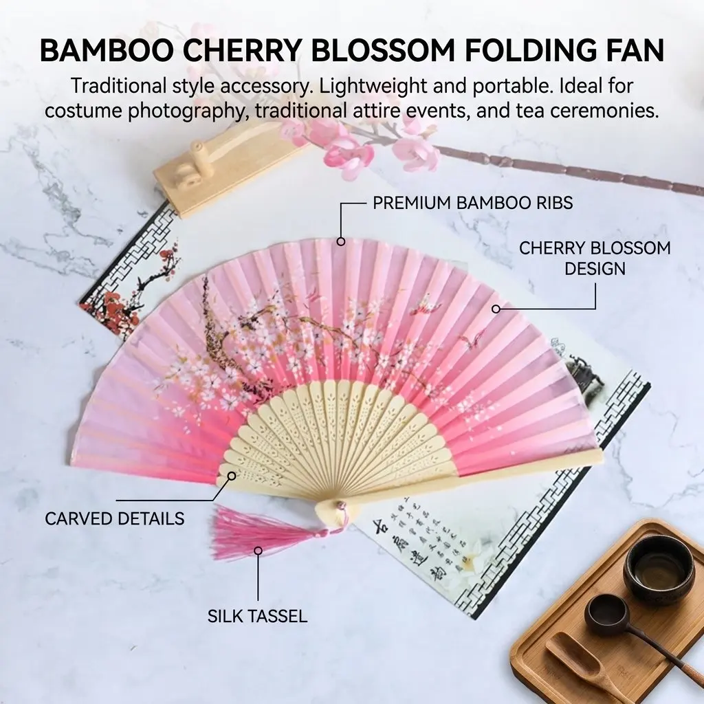 1PC Folding Hand Fan Elegant Bamboo Chinese Style Accessory for Women Hanfu Summer Events Retro Portable Cooling Tool