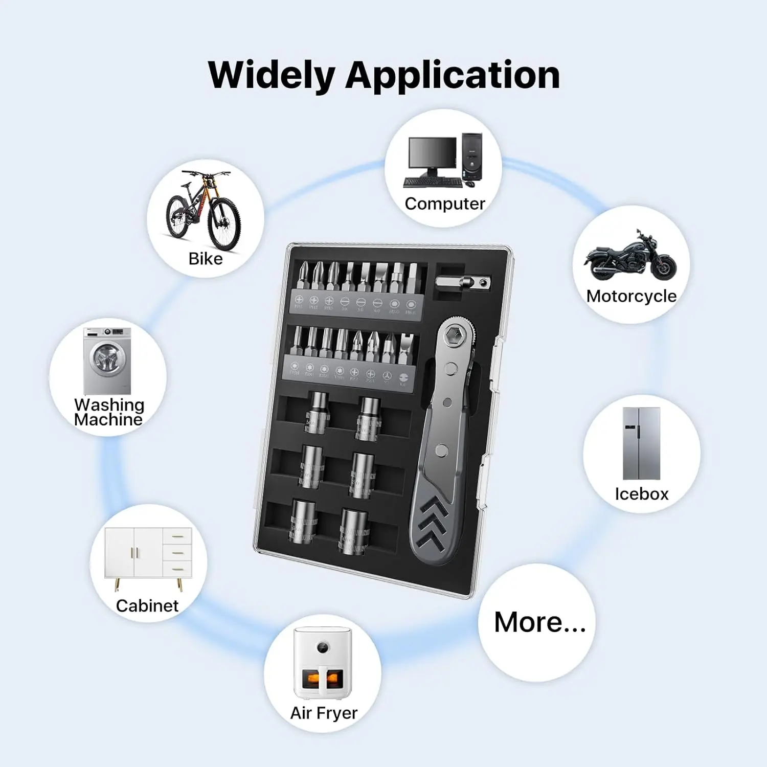 Set Obeng Ratchet Sudut Kanan 23-in-1, Kunci Ratchet Mini 36-Gigi, Alat Perbaikan Obeng Offset Magnetik