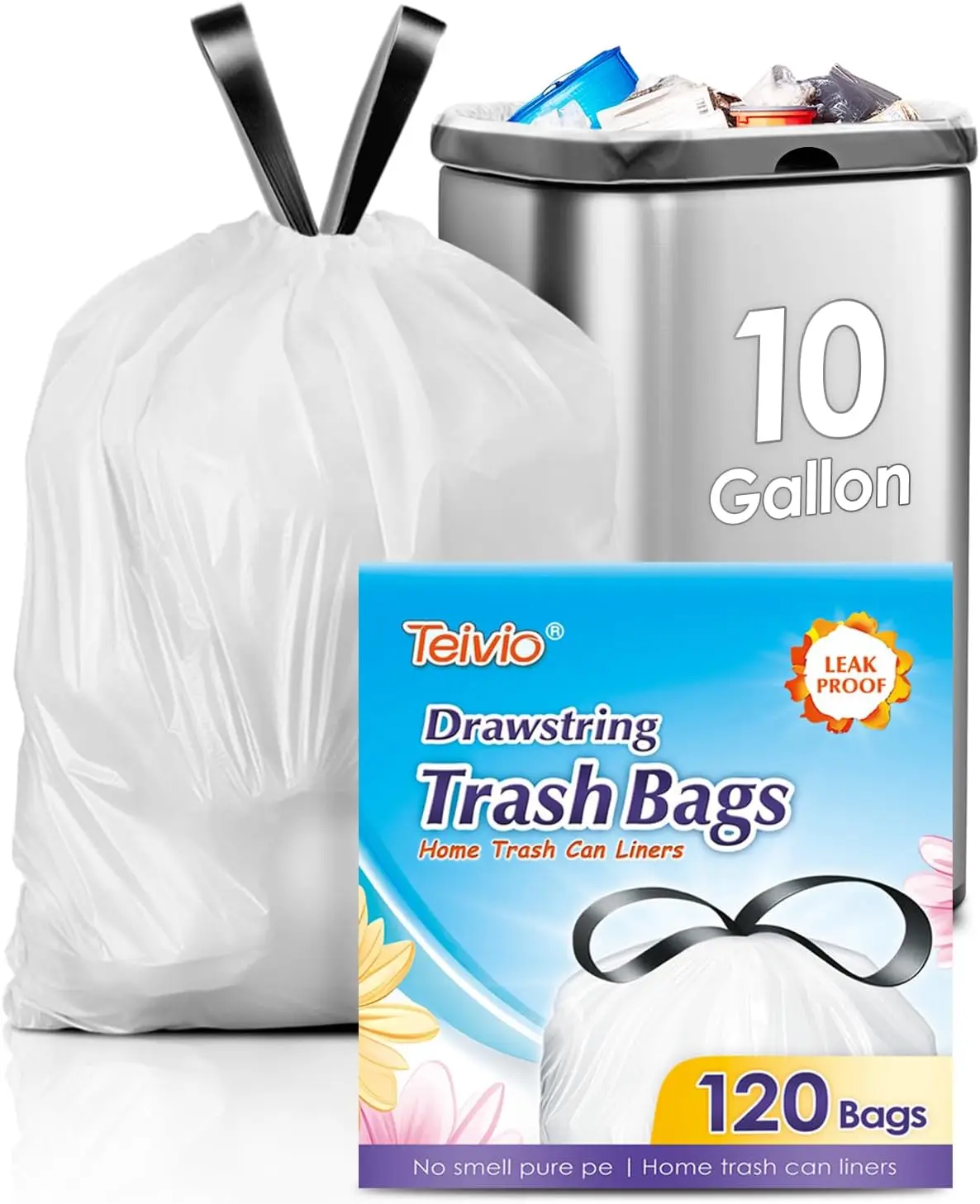 

10 Gallon Strong Drawstring Trash Bags, 120 Counts for Home Kitchen Bathroom Office, White