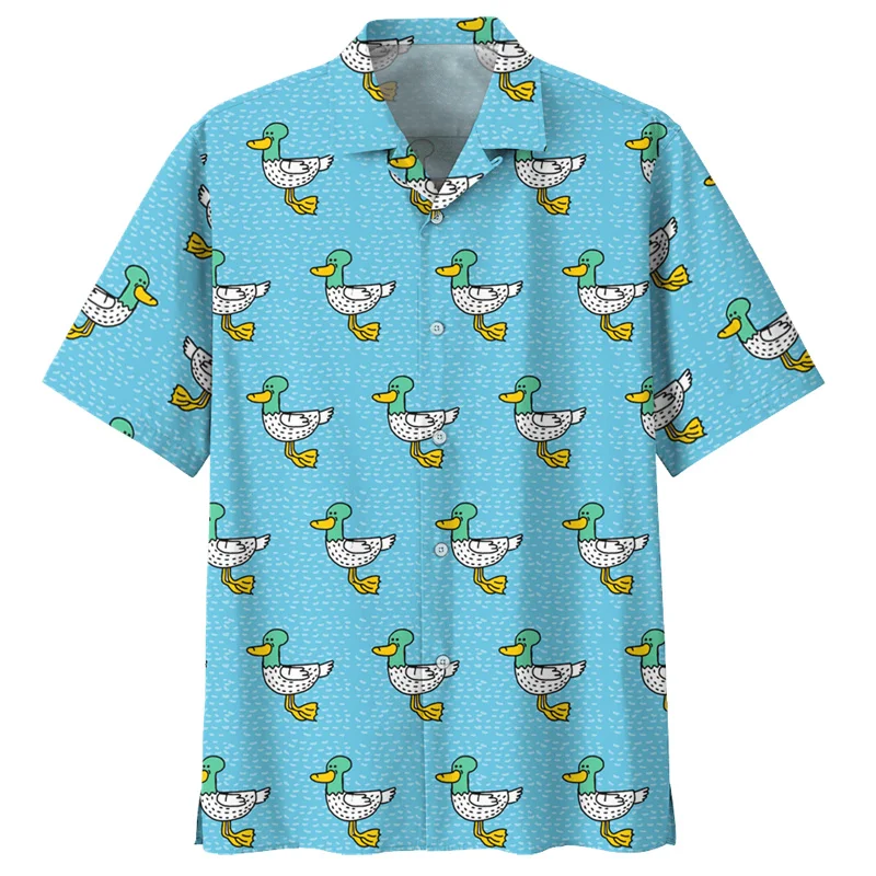 Desenhos animados pato padrão camisa havaiana manga curta, animal 3D impresso camisa, lapela botão streetwear, blusa overszied, moda verão