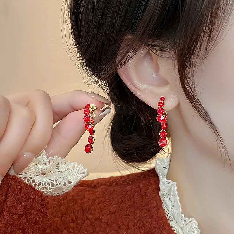 Shinning Rhinestones Red Earrings For Women Korean Style Etrendy New Simple Charming Earings