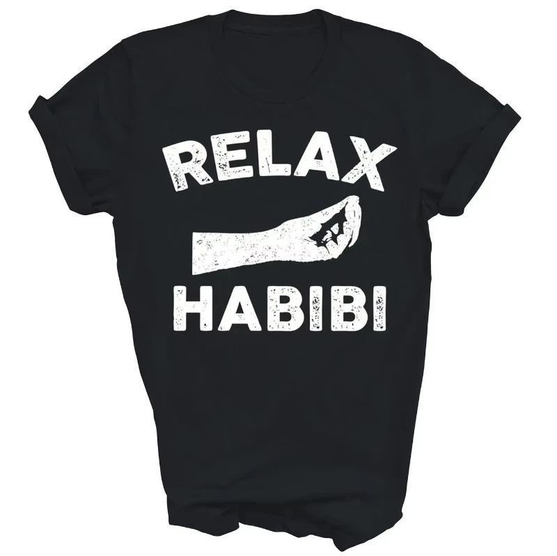 Relax Habibi Arabic Motivational T-Shirt Unisex Casual Short Sleeve Tee with Bold White Lettering Geometric Design Men Clothing