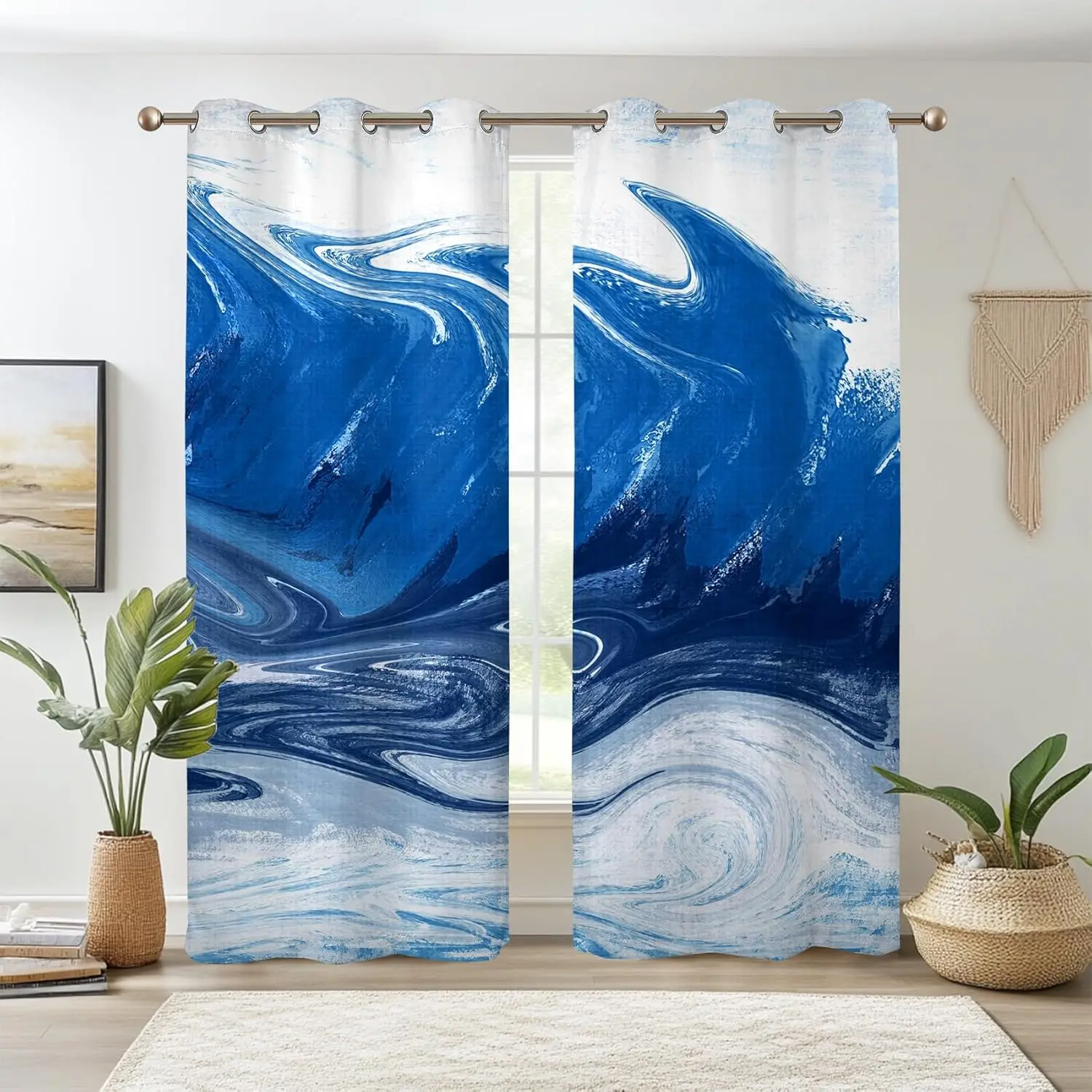 

Renaiss Blue And White Blackout Curtains Abstract Ocean Thermal Insulated Window Drapes For Bedroom 42W X 84L Inches 2 Panel
