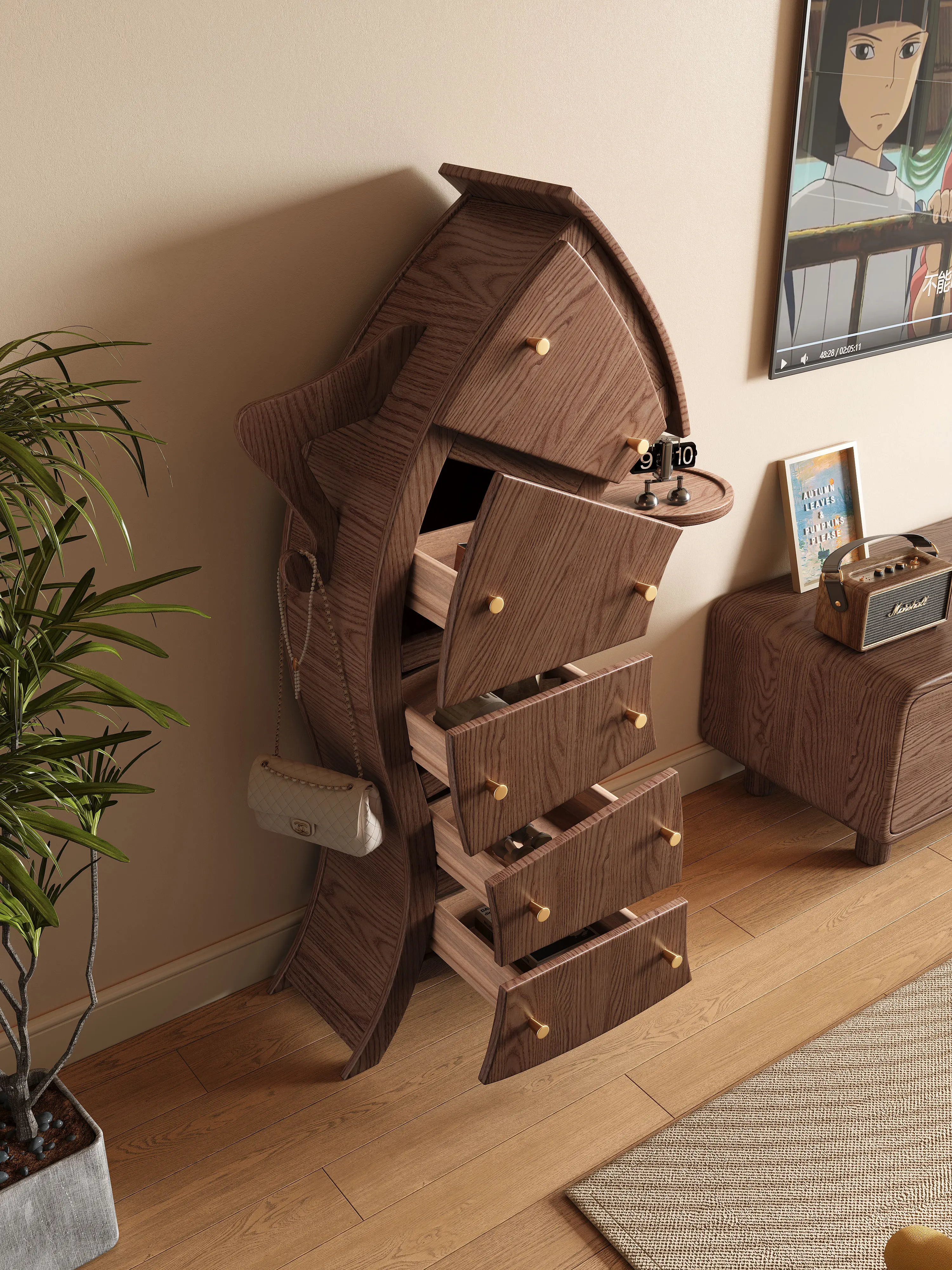 Creative waist-chested five-drawer cabinet, scandinavian bedroom storage cabinet, robot tilted head decorative cabinet
