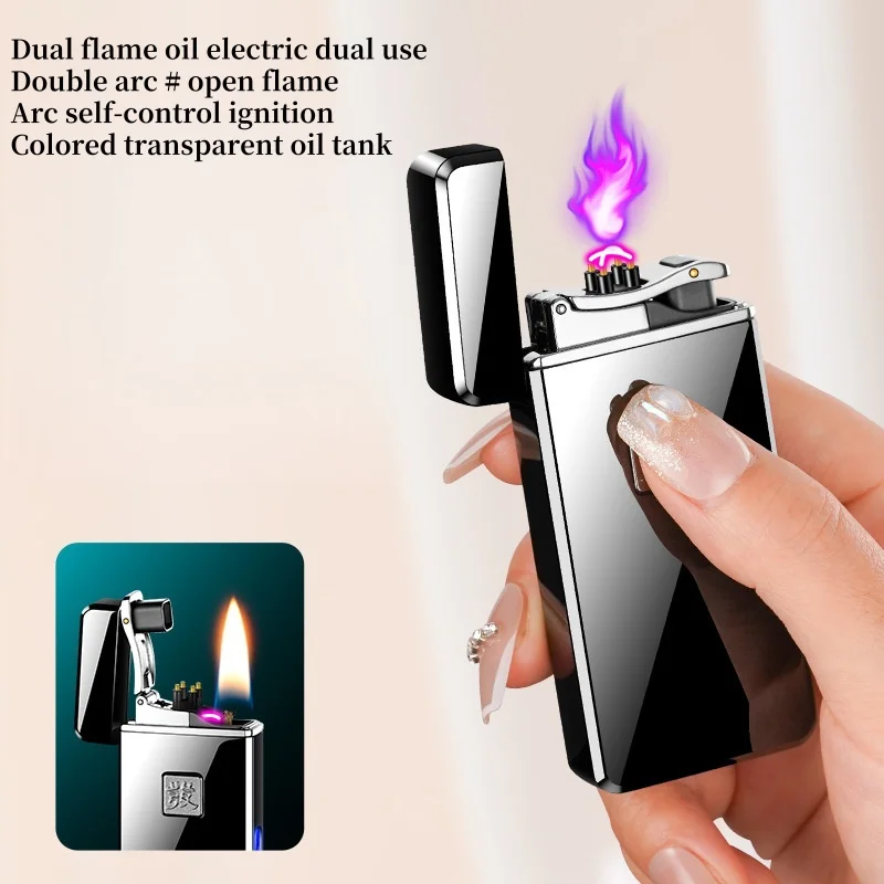

Novelty Oil Electric Dual Use Windproof Arc Lighter, Dual Arc And Open Flame Dual Use High-End Gift Cigarette Lighter