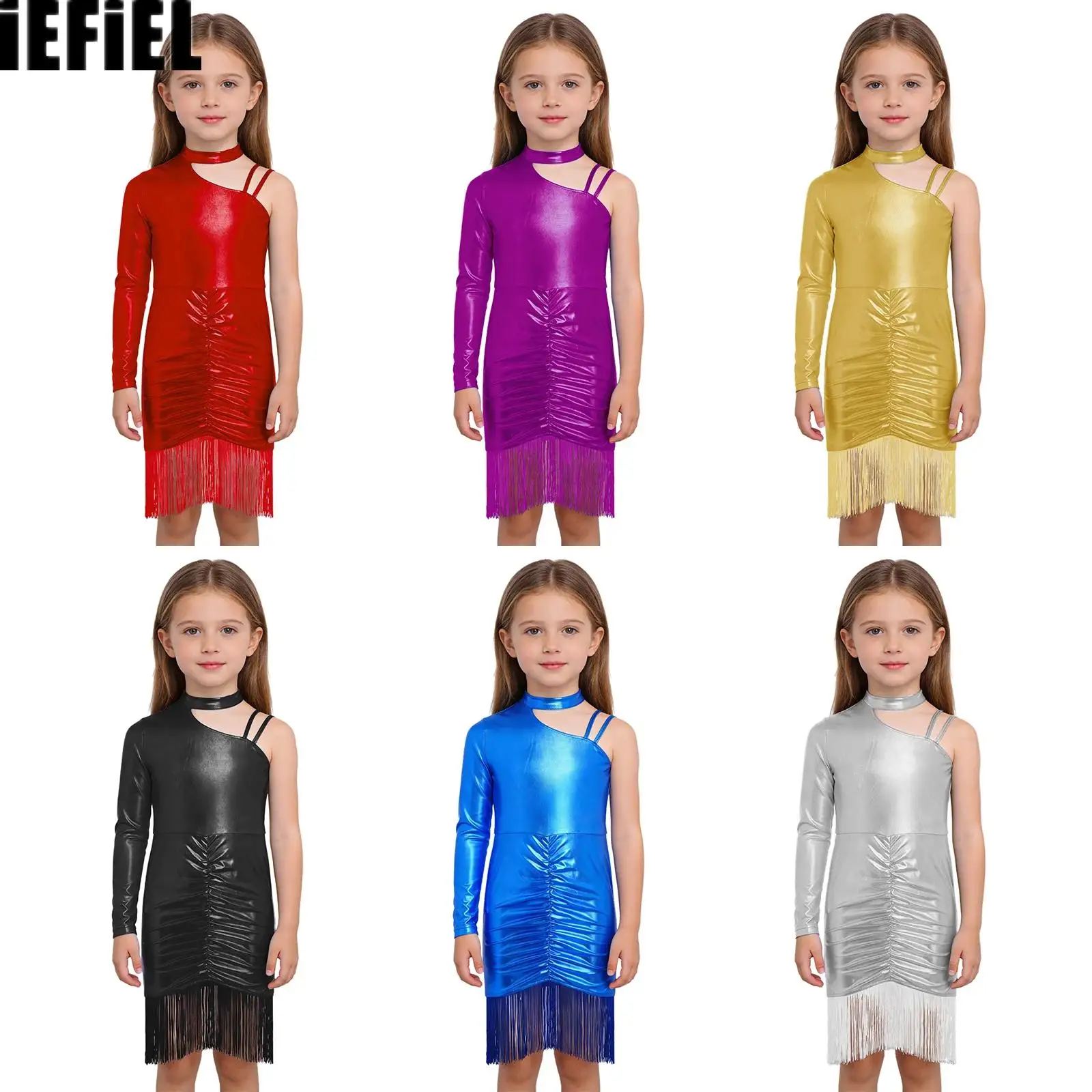 

Kids Girls Metallic Tassels Latin Dress Asymmetrical Shoulder Ruched Dress for Performance Competition