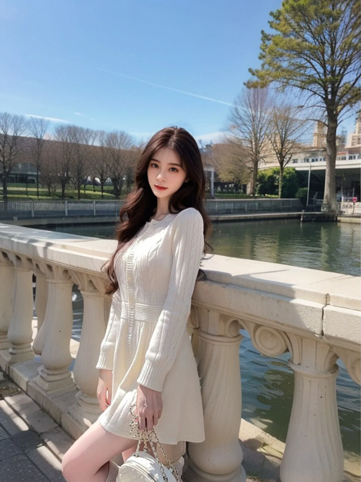 

Elegant Winter New Style Woolen Knitted Short Dress Women's Slim Fit Waist Cinching White Flower Dress Versatile Natural Waist