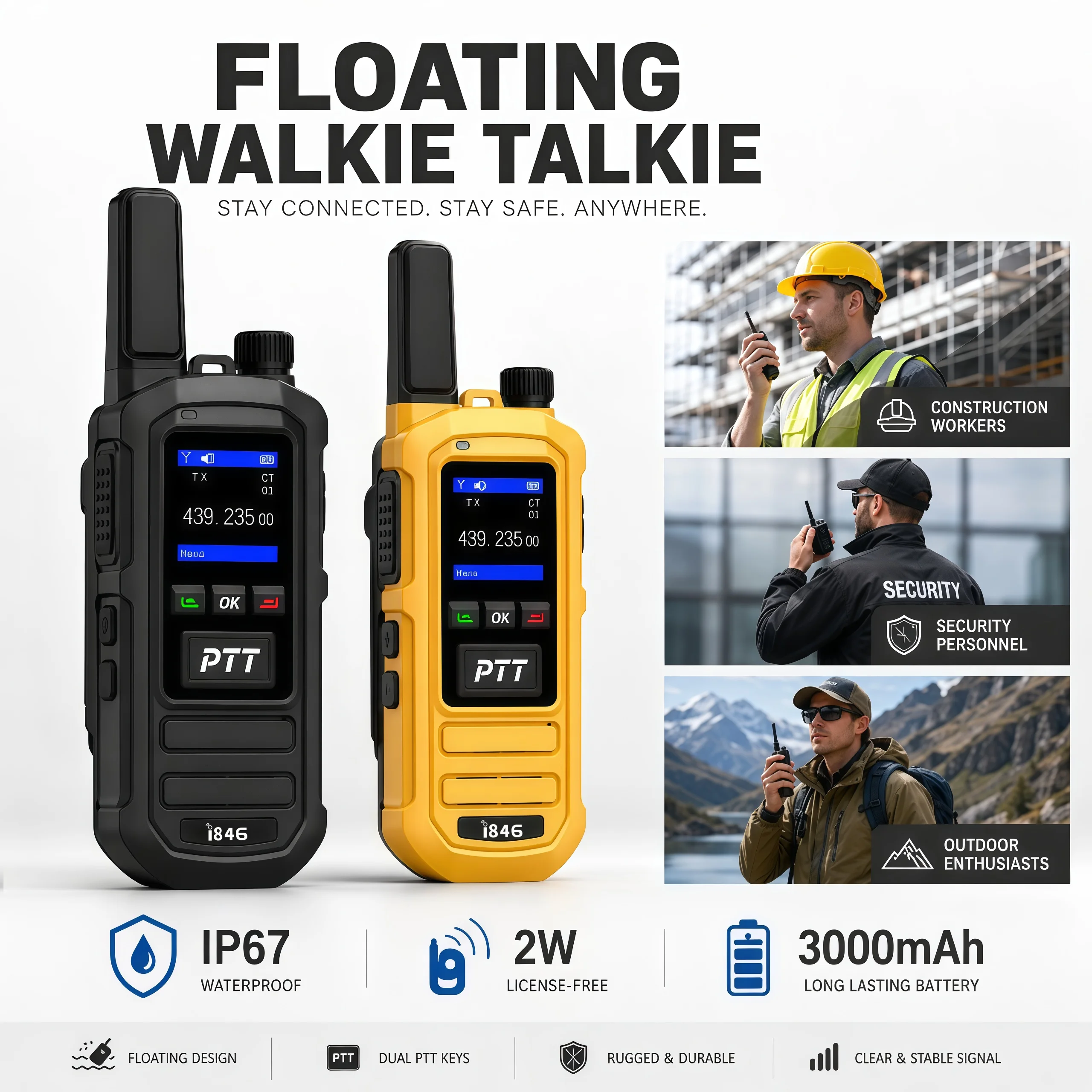 IP67 Waterproof Floating Walkie-Talkie 2W Double PTT Two-Way Radio, 3000mAh Battery LED Display
