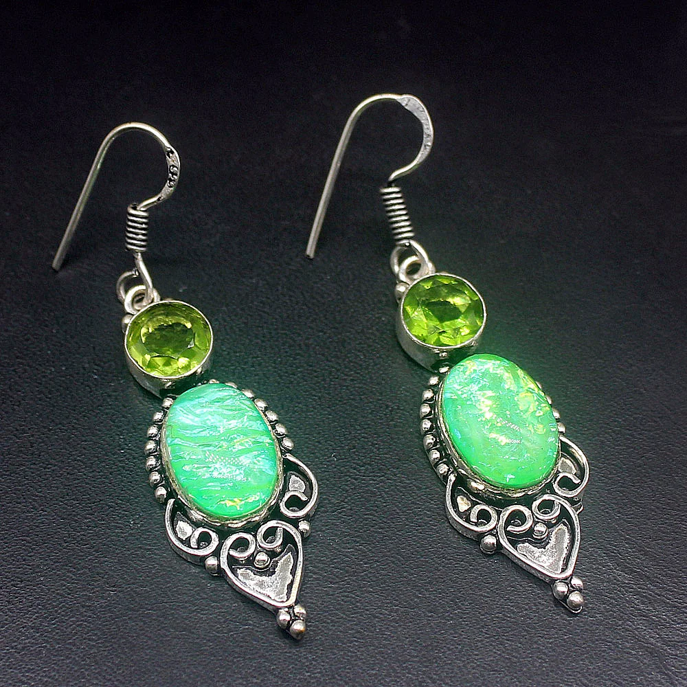 Gemstonefactory Big Promotion Unique 925 Silver Dichroic Glass Peridot Women Ladies Jewelry Gifts Dangle Drop Earrings 20215330