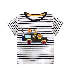 男の子と女の子のための2-7T夏の縞模様の綿のTシャツ,動物の車,ファッショナブルな服,新しいコレクション