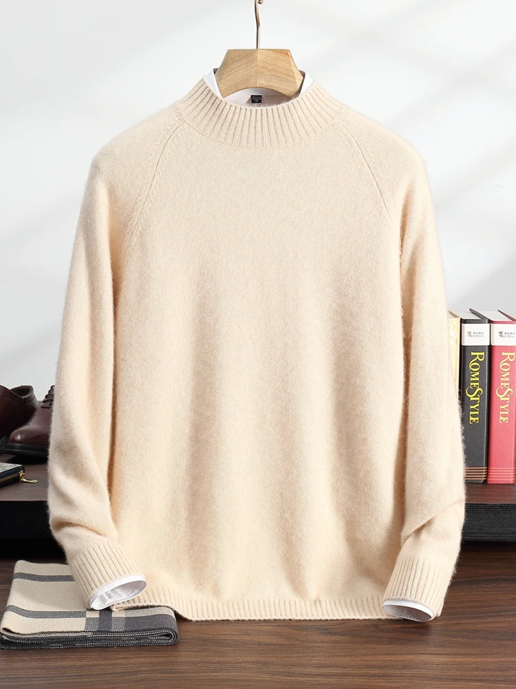 Smart Casual Men's Sweater Pullover 100% Cashmere Autumn Winter Sweater Mock Neck Raglan Basic Pullover Business Warm Clothing