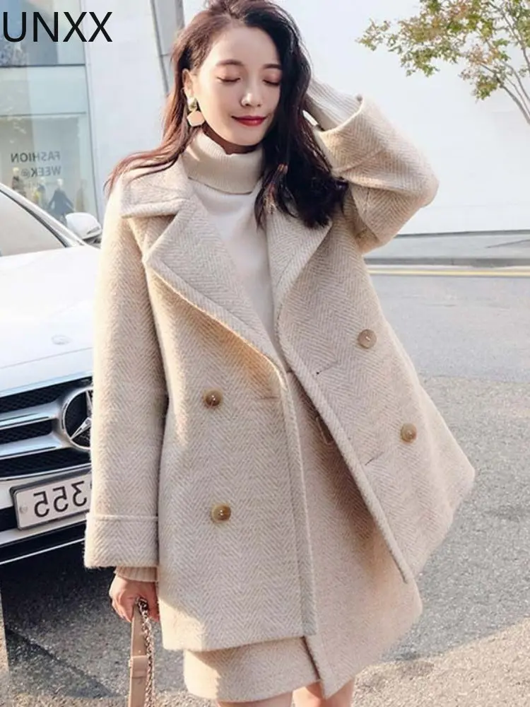 UNXX Winter Women 2 Piece Set Female Woollen Tweed Double Button Blazer+Irregular Split Pencil Skirt Suits High Street Harajuku