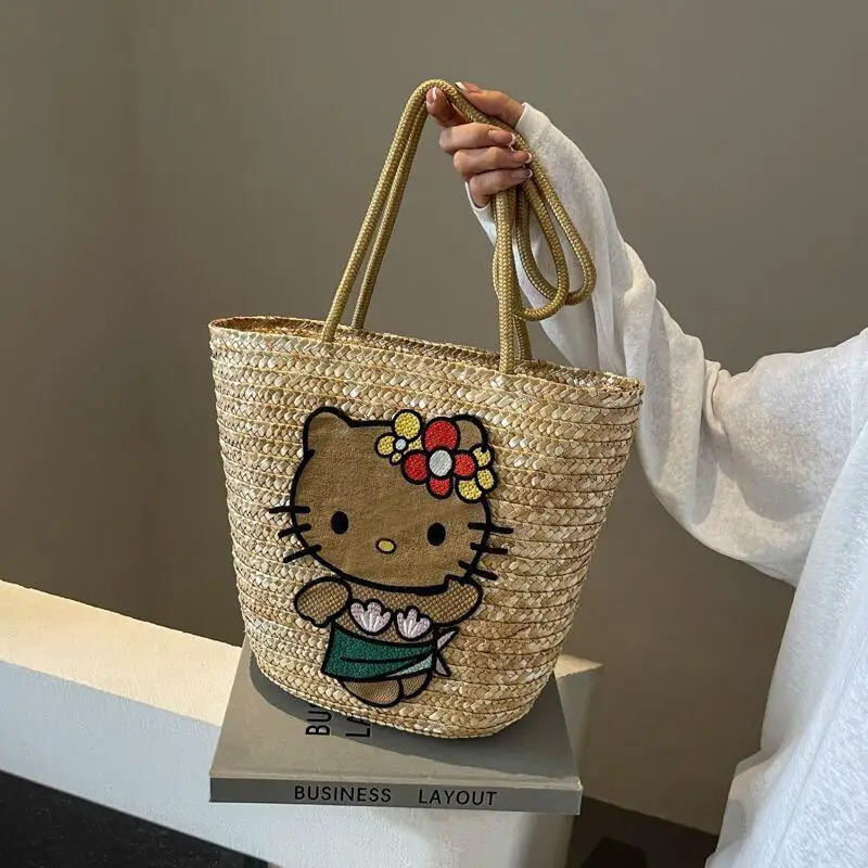 

Новая летняя сумка-корзина в стиле аниме с котиком, плетеная вручную, для овощей и продуктов, универсальная сумка-тоут для прогулок, сумка через плечо для поездок на работу