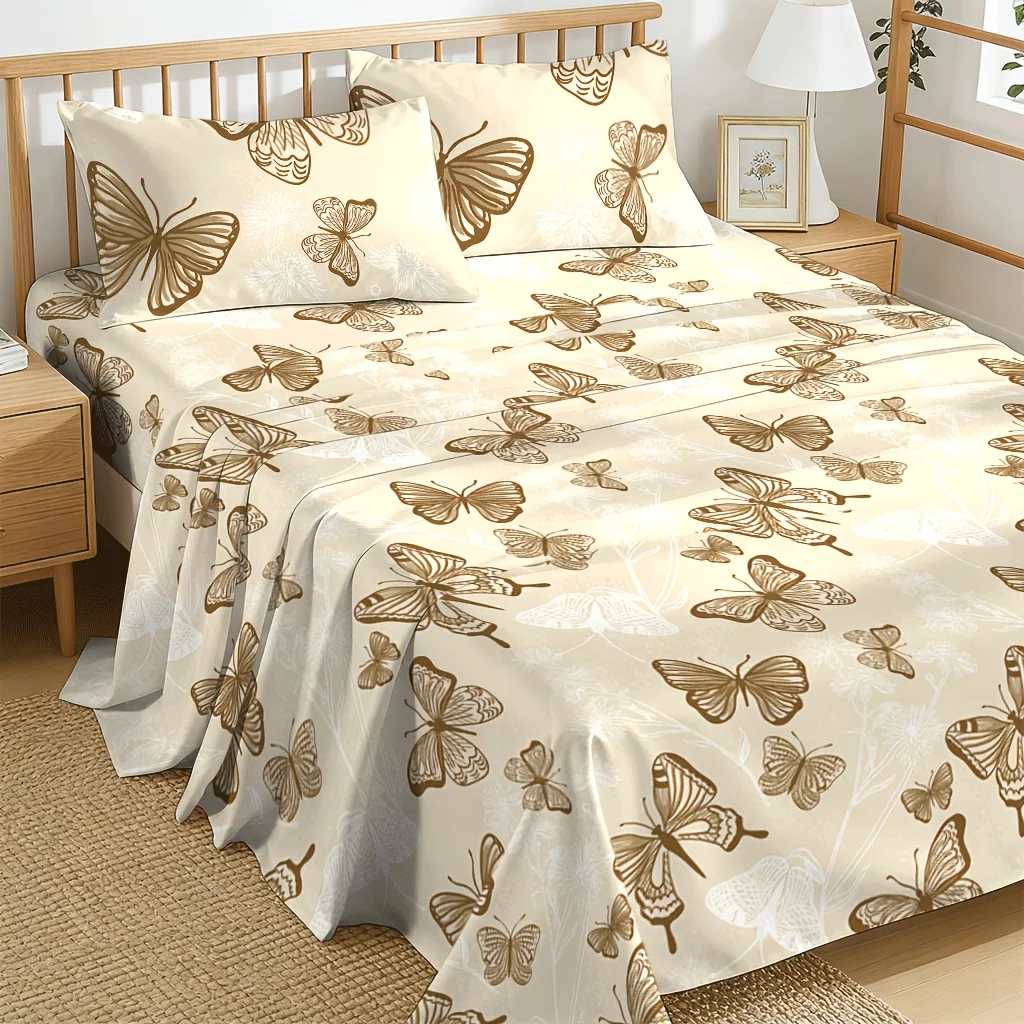 Butterfly Print Bed Sheet Set 3pcs Soft Cooling Breathable With Deep Pocket