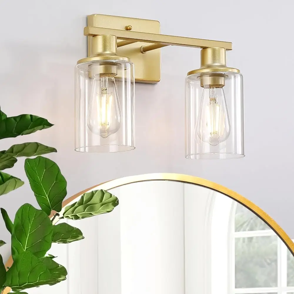 

Gold Bathroom Light Fixtures Over Mirror,2-Light Bathroom Vanity Light With Clear Glass Shade,Modern Farmhouse Wall Sconces