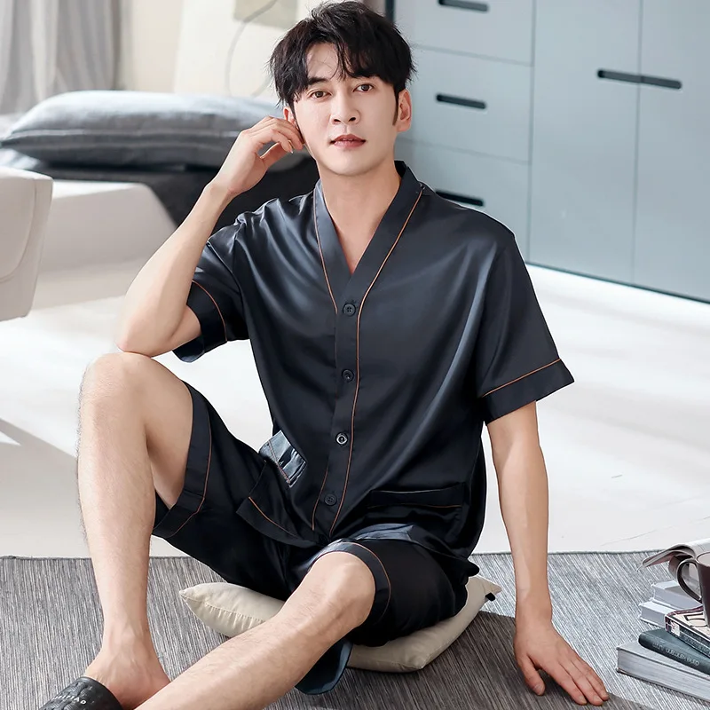 Summer Men's Plus Size Ice Silk Pajamas Short Sleeve Shorts V-Neck Open Front Kimono Breathable Loose Loungewear pyjama homme
