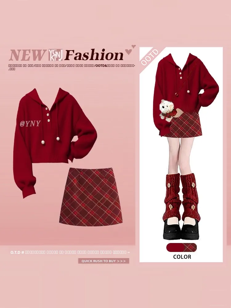 

Sweet Knitted Hat Set Women's Early Spring Aosphere Anti-Aging Plaid Skirt Two-Piece Set Long Sve Winter Spring Faion