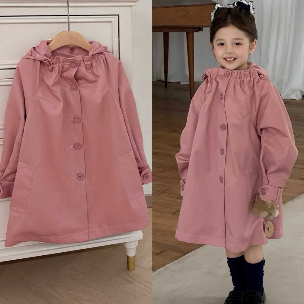 

New fashionable girls' windbreaker Pink loose windbreaker Solid color flower bud collar detachable hat coat baby clothes