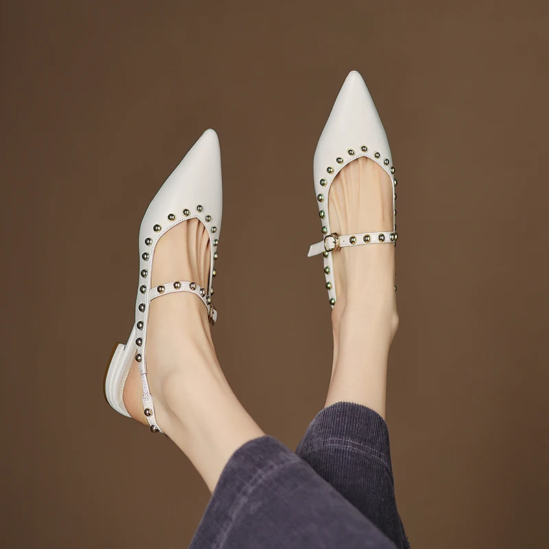 

Fashion Women Summer Sandals Comfort rivet Flats Luxury Genuine Leather Pointed Toe Pumps Office Party Dress Shoes Size 34-42