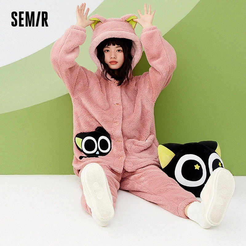 Semir Home Set Women Double-Sided Velvet Warm 2022 Hooded Pajamas Cartoon Leggings