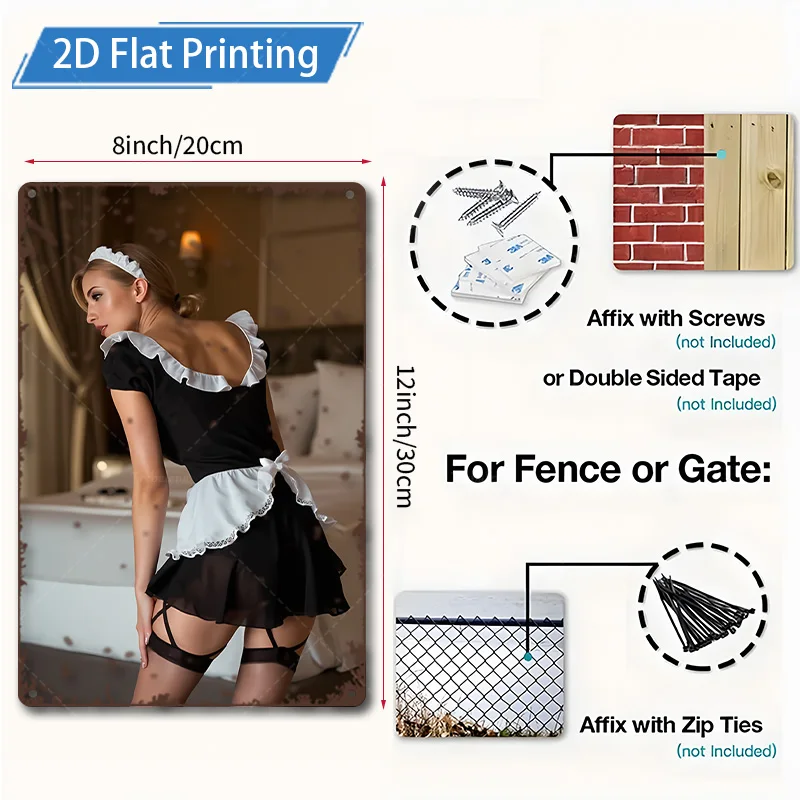 Targa in metallo da 1 pezzo, 4x16 pollici "Arte da parete con stampa piatta 2D in stile cameriera vintage per la decorazione domestica"