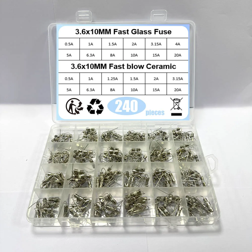 240Pcs/Box 24Values 3.6x10mm Fast Blow Ceramic Glass Fuse Kit 0.1A 0.5A 1A 2A 3A 5A 6A 8A 10A 15A /250V Insurance Tube Pack