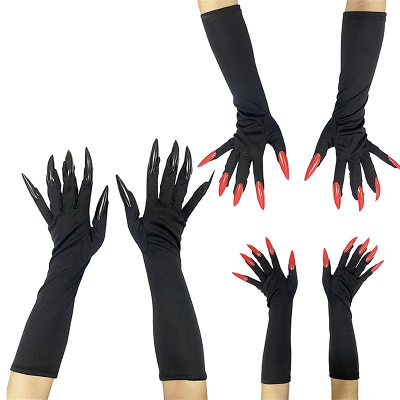 40cm Halloween Cosplay Compulsion Fashionable Personality Stretch Ghost Claw Red Black Long Nail Gloves Stage Performance Solid