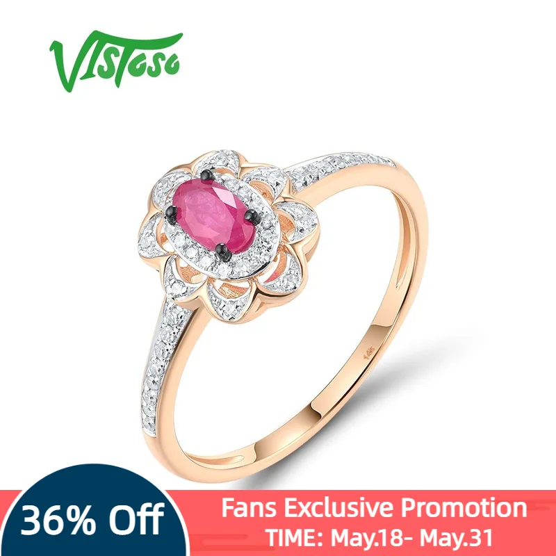 VISTOSO Real 14K 585 Rose Gold Ring For Women Sparkling Diamonds Ruby Fancy Wedding Anniversary Luxury Gifts Fine  Jewelry