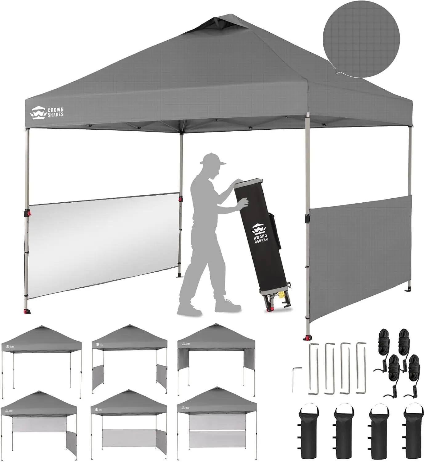 

10x10 Pop Up Canopy - 150D Silver Fabric, 2 Half Sidewalls + Accessories, STO 'N Go Bag (Grid Grey)