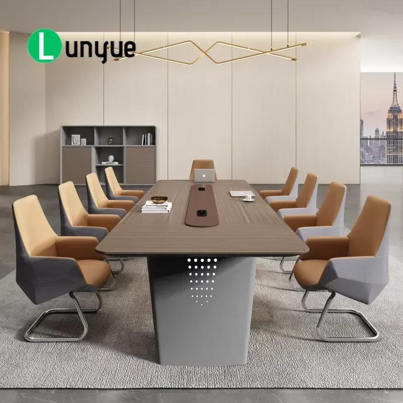 Modern Rectangular Executive Conference Table with Multi-function Socket Veneer Finish for 8 10 12 Seat Office Meeting Room
